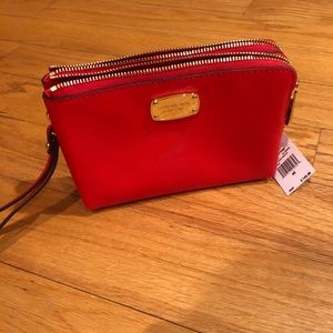 BNWT red leather Michael Kors double zip clutch